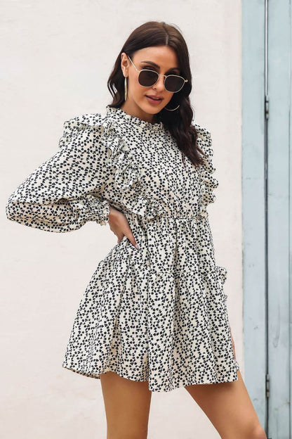 Printed Ruffle Trim Smocked Long Sleeve Mini Dress Trendsi 28ec7d011df9416e9bc914baee40cc75-Max