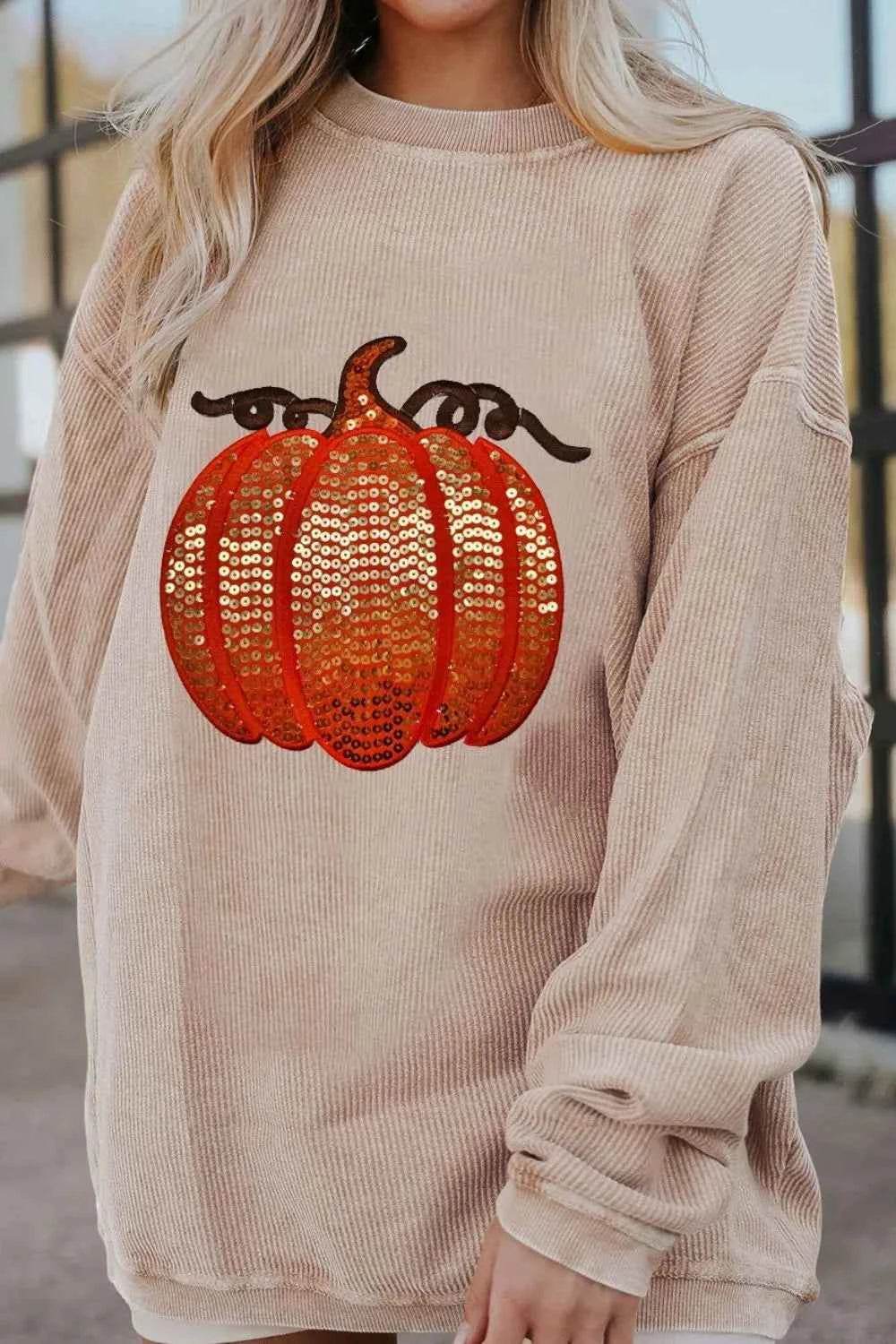Sequin Pumpkin Round Neck Long Sleeve Sweatshirt Eggshell Trendsi 29291d66-dc07-4855-9572-29c2344e5be0-Max