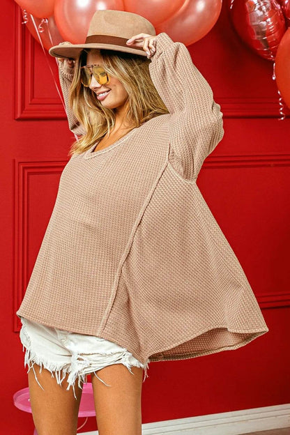 BiBi V-Neck Waffle Uneven Hem Top Trendsi 29592dda-9165-43ff-bffe-411370e083bd-Max