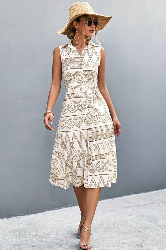 Printed Button Front Tie-Waist Sleeveless Collared Dress White Trendsi 298d4f385bb74ab5af748707d1d5014d-Max