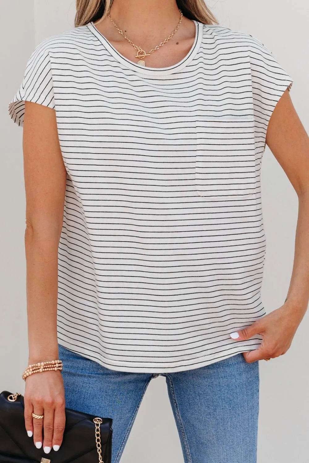 Stripe Cap Sleeve Crew Neck Casual Tee with Chest Pocket Trendsi 299e3e09-f4d5-45cc-975e-95d1ba93f804-Max-Origin