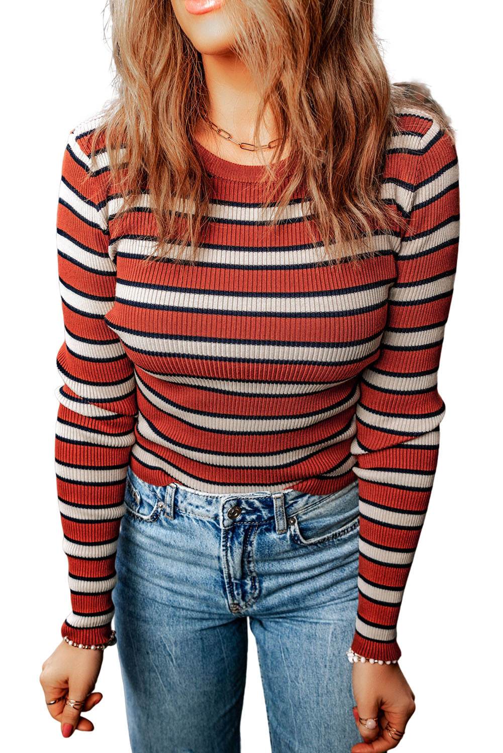 Striped Round Neck Long Sleeve Top Trendsi 29c7084188034bffa6727572f5ed3c10-Max