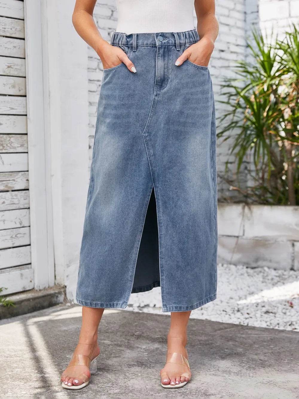 Slit Midi Denim Skirt with Pockets Light Blue Trendsi 29c77ce4-aa17-4964-bffc-3dd93c7f78ac-Max