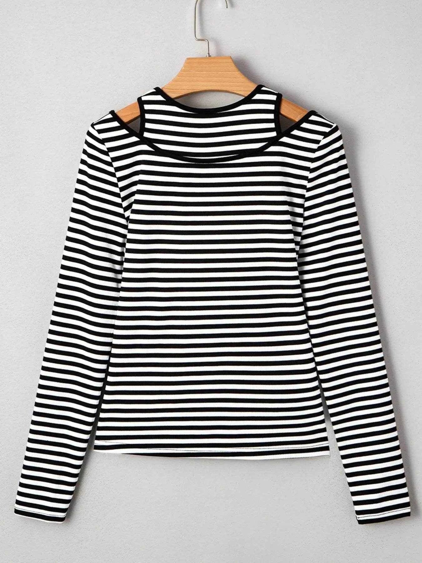 Stripe Double-layer Cold Shoulder Long Sleeve Top Trendsi 29ea3a25ec78402580085936fd26e325-Max-Origin