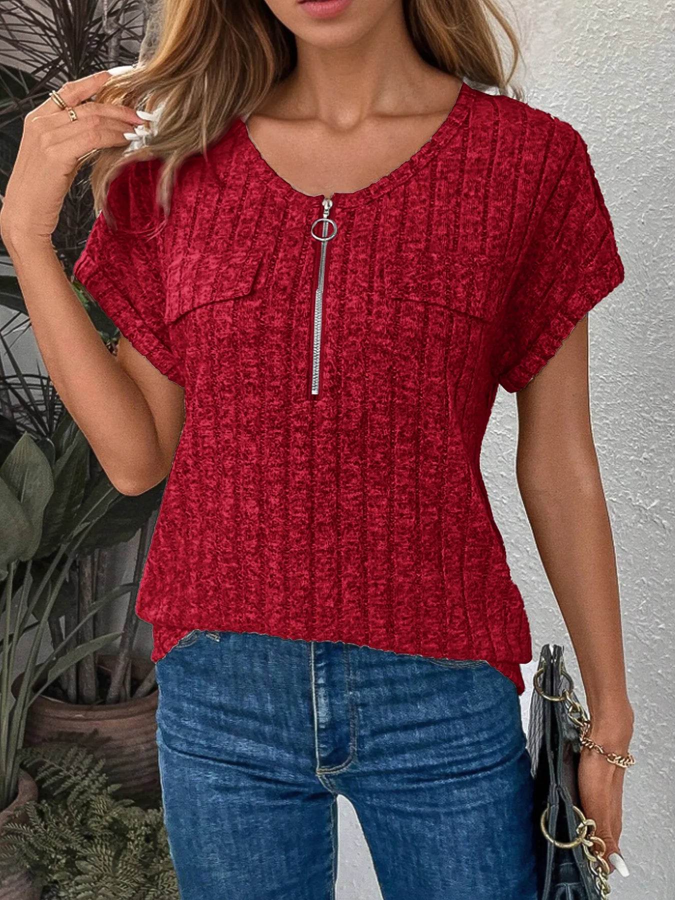 Zip-Front Short Sleeve T-Shirt Trendsi 29f0df6189b348ddb7f1fb510ebef871-Max-Origin
