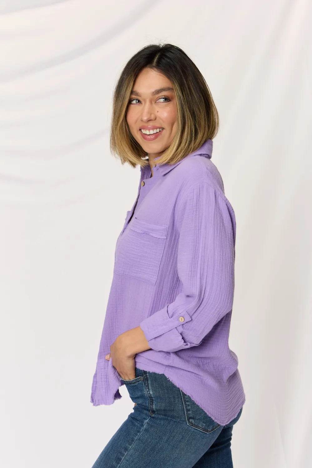 Zenana Texture Button Up Raw Hem Long Sleeve Shirt Trendsi 29f39d61-335c-4981-b6d1-5419d2b27fa6-Max