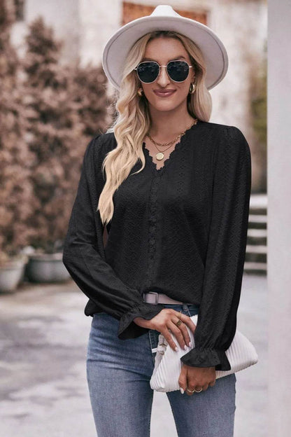 Mandy Eyelet V-Neck Flounce Sleeve Blouse Trendsi 2a0d00f2-ead8-4b1d-86b0-5f8f1ec167fe-Max