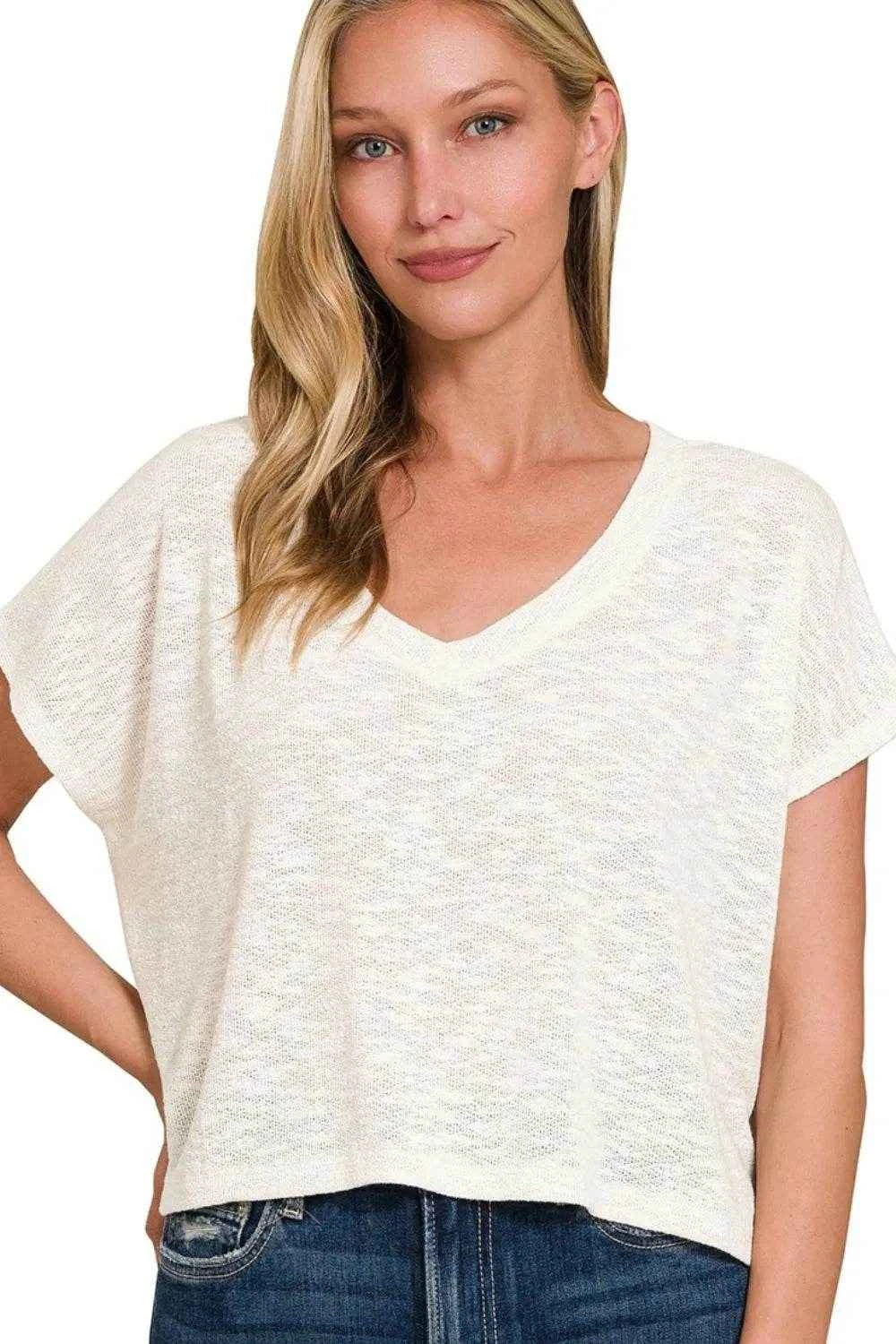 Zenana Hacci Slub V-neck Drop Shoulder Crop Top IVORY Trendsi 2a1cfa38-5bc9-459a-9011-edb84058c673-Max-Origin