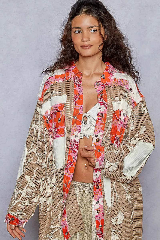POL Floral Print Crochet Button Up Shirt CHOCOLATE Trendsi 2a45bd30-c890-48d6-8d9e-8539d17fca45-Max-Origin