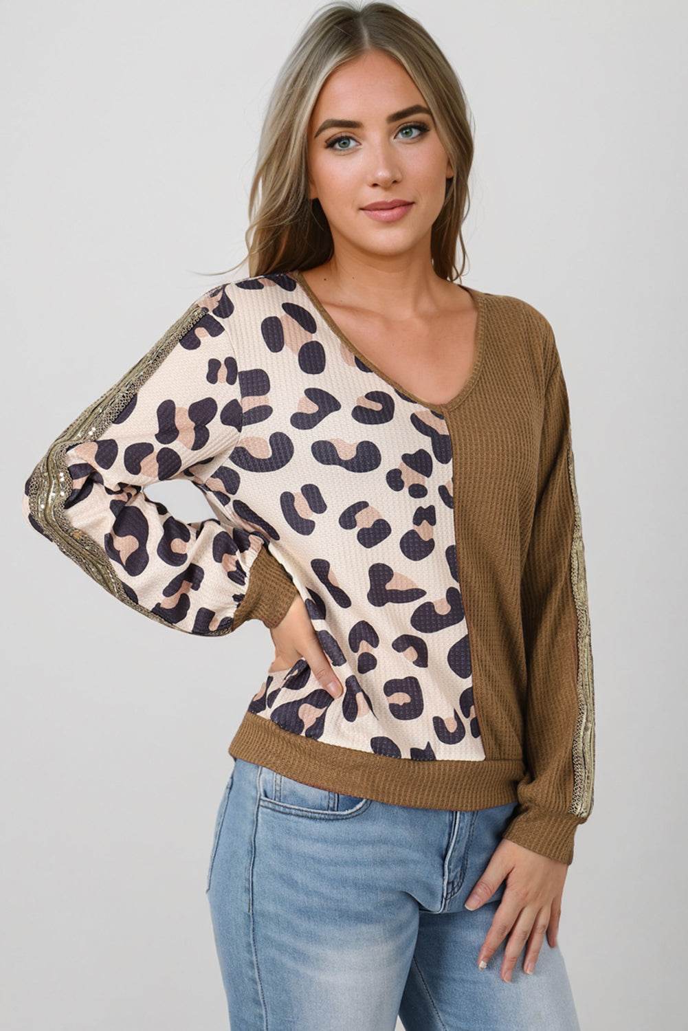 Leopard V-Neck Waffle-Knit Top Trendsi 2a470a8757f44a8e850cc434406a7f6b-Max