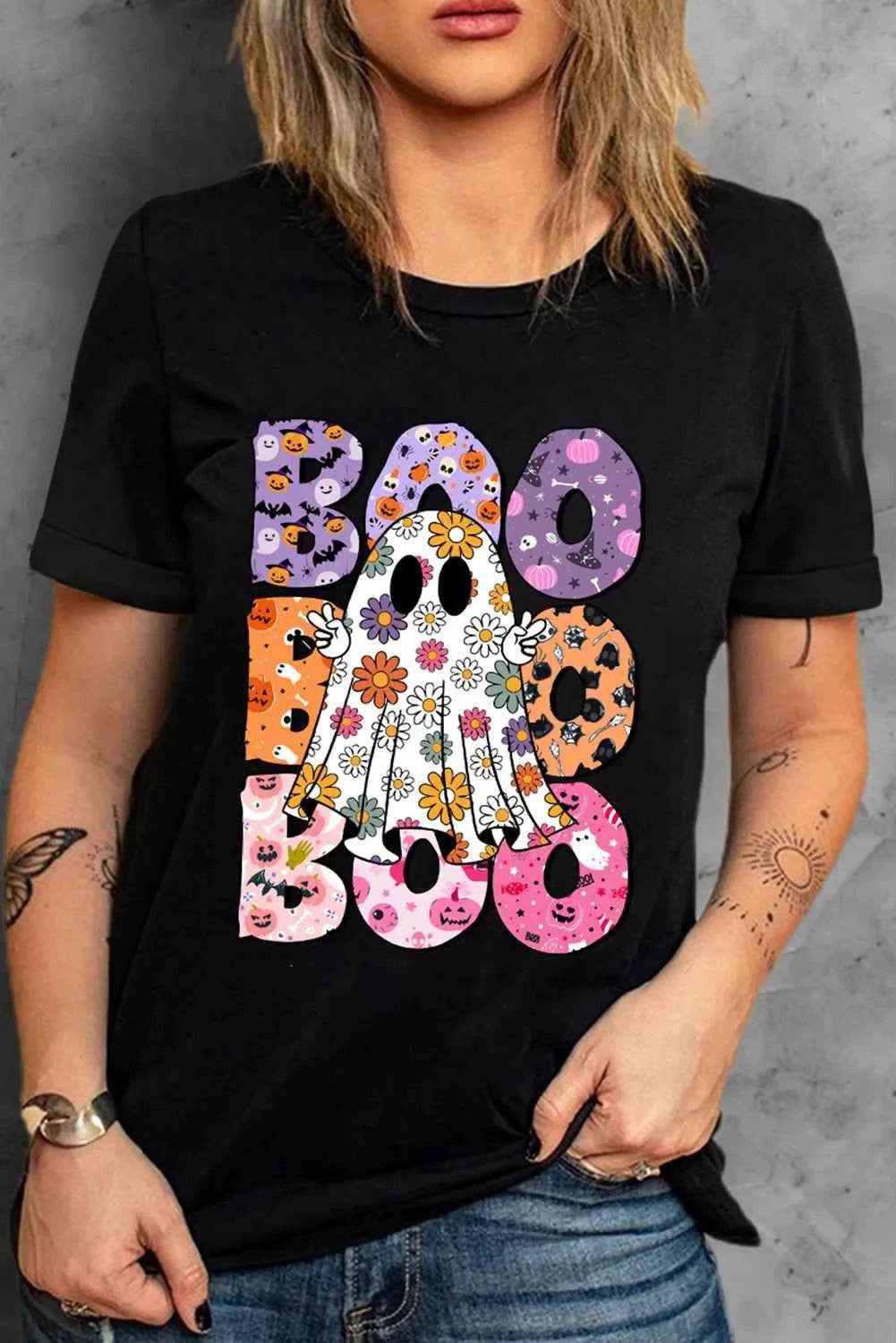 BOO Ghost Graphic Round Neck Short Sleeve T-Shirt Black Trendsi 2a4da0c2-bfb5-4698-ab3a-81a1527a119f-Max