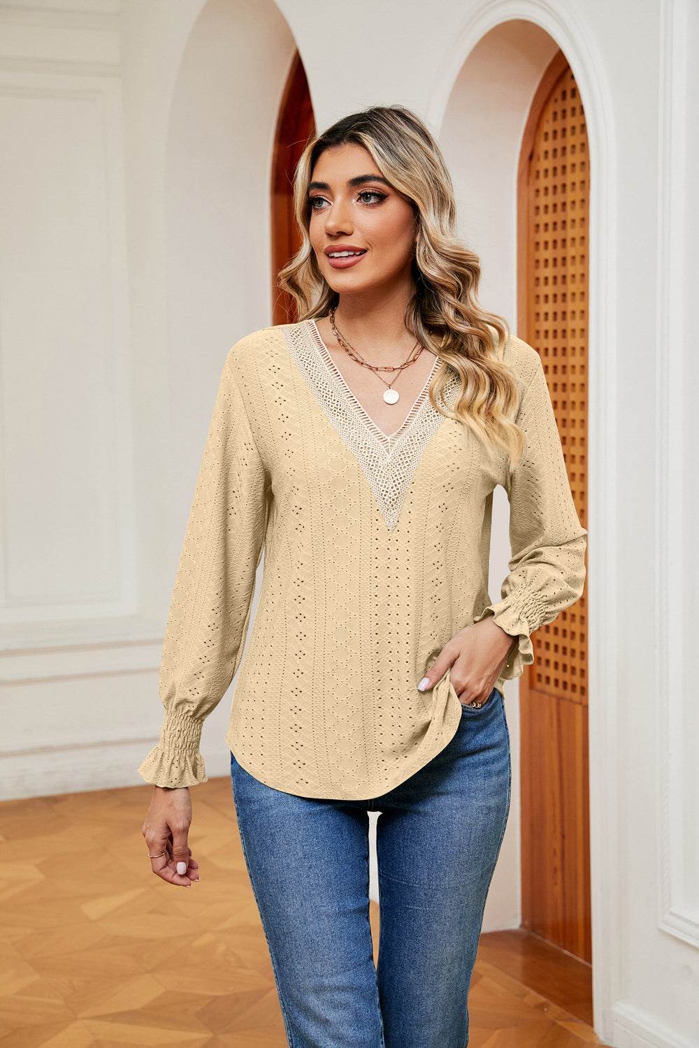 Contrast Flounce Sleeve Blouse Pastel Yellow Trendsi 2a74edd86ee149329fcee8eb8fedd948-Max