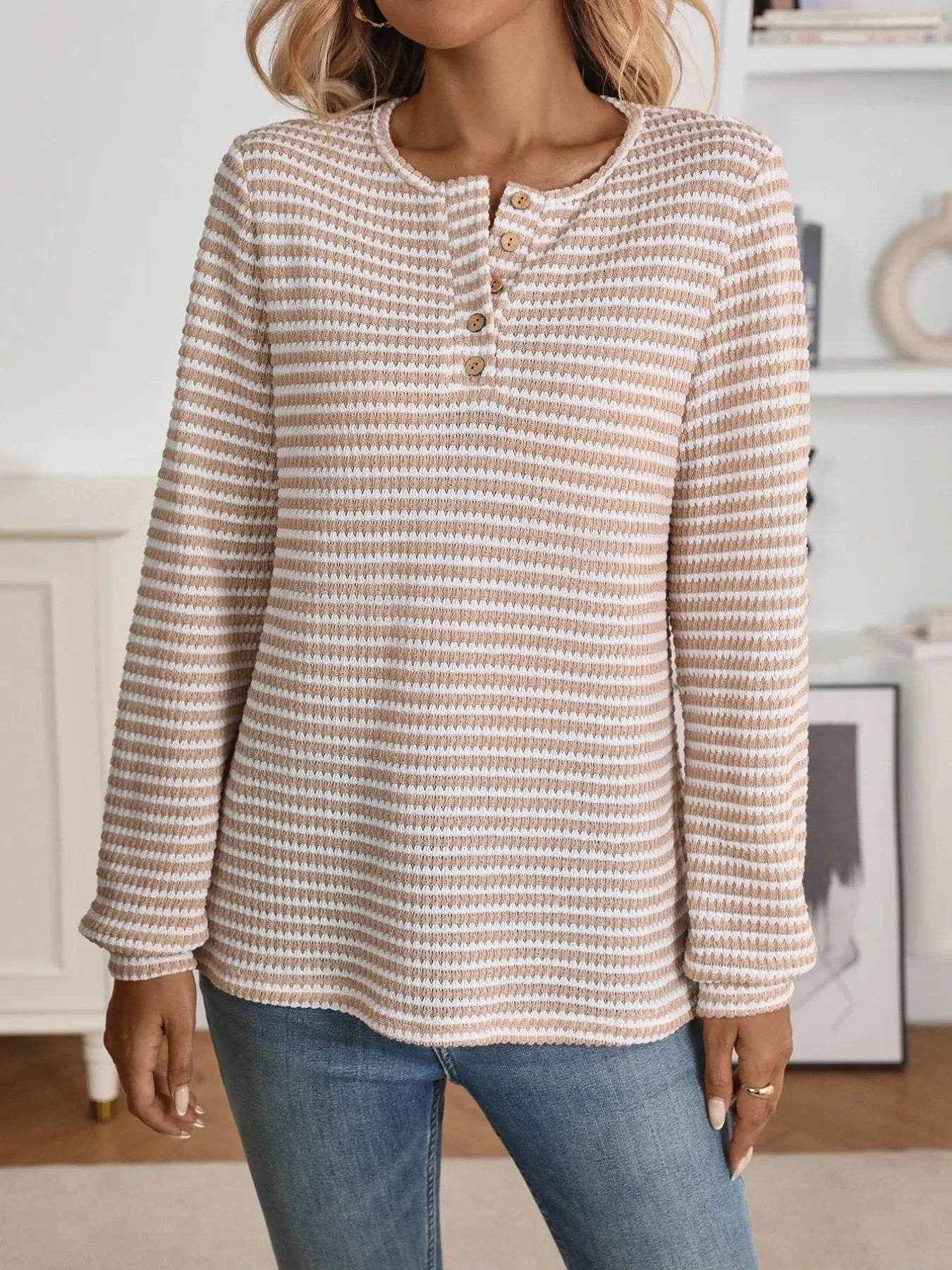 Striped Button Detail Long Sleeve Top Trendsi 2a763330eeff4b589f1f75107e6f3c13-Max-Origin