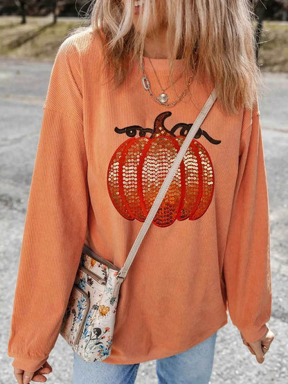 Halloween Sequined Pumpkin Ribbed Round Neck Sweatshirt Trendsi 2a796615-ea31-4d26-9181-e81db2355c45-Max-Origin
