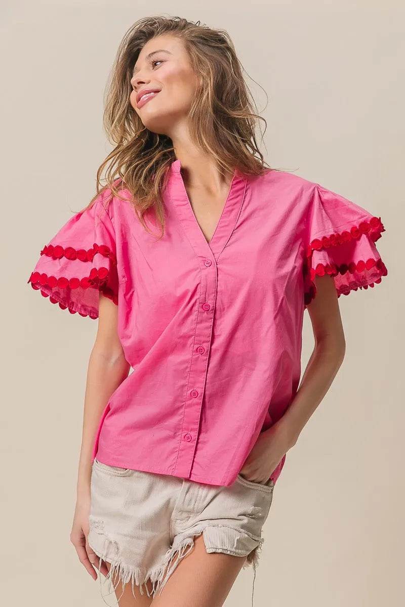 BiBi Dot Trim Flutter Sleeve Notched Top Trendsi 2a7b947ed23148f5acf79185be5a3afe-Max-Origin