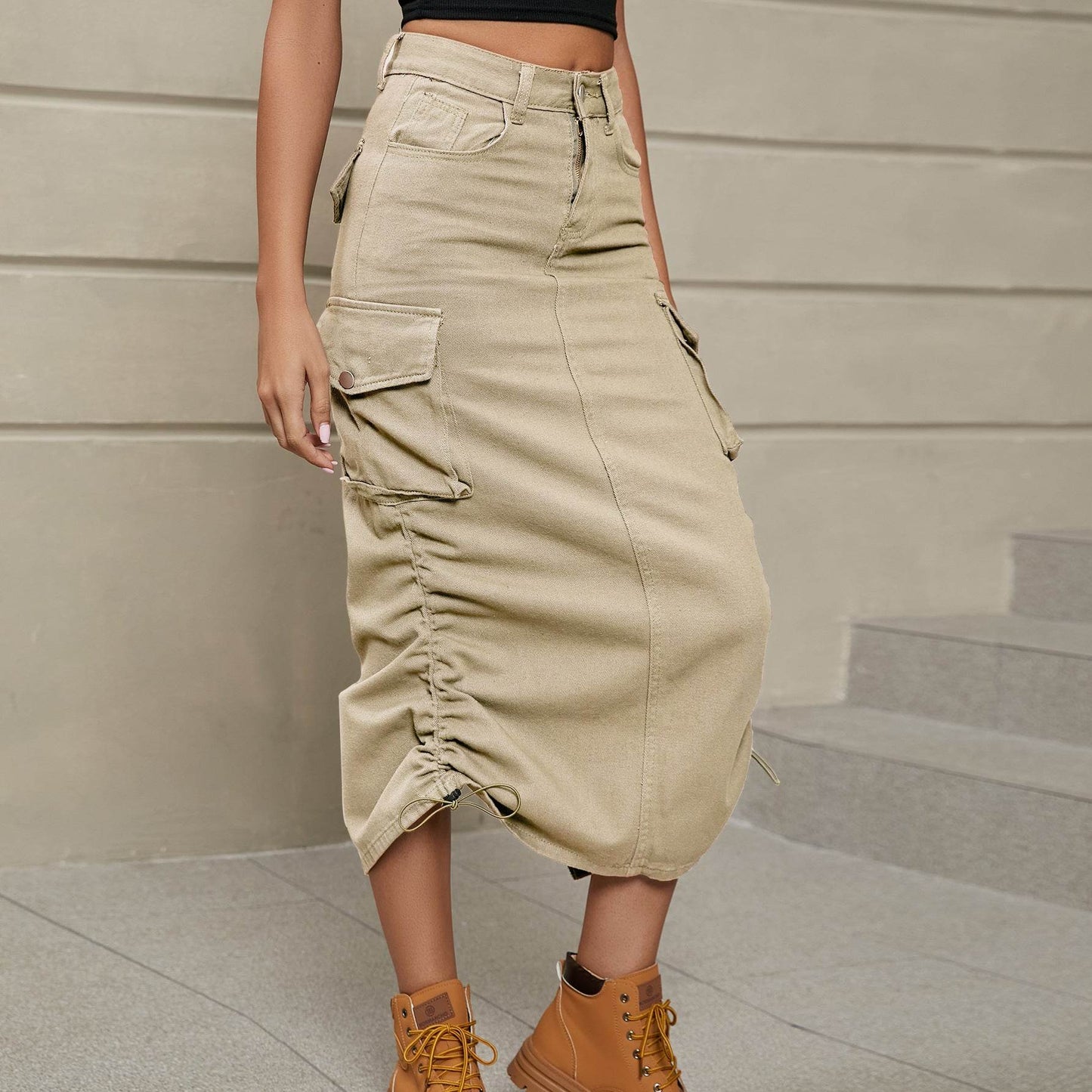Drawstring Ruched Slit Denim Midi Skirt Sand Trendsi 2a844b8f841541839670f2b7f43e5cbe-Max