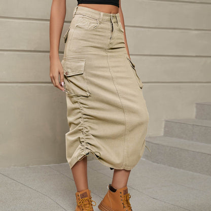 Drawstring Ruched Slit Denim Midi Skirt Sand Trendsi 2a844b8f841541839670f2b7f43e5cbe-Max