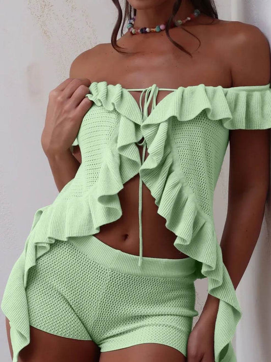 Off-Shoulder Ruffle Top and Shorts Sweater Set Green Trendsi 2a99a914-12b9-434c-9a4a-f78f8039d7a2-Max-Origin