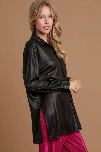 Umgee Side Slit Button Up Long Sleeve Shirt Trendsi 2ac80fb2-0c8c-42f3-ad66-4399b44d08a2-Max