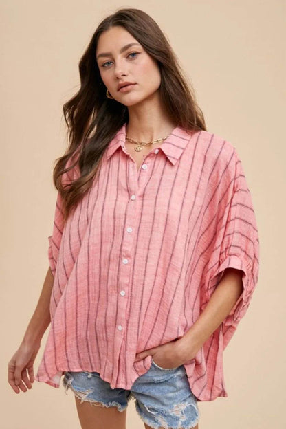 Annie Wear Striped Button Up Half Sleeve Shirt Coral Pink Trendsi 2adfbf8e-adc9-41d1-8bb7-3295dfbfc992-Max