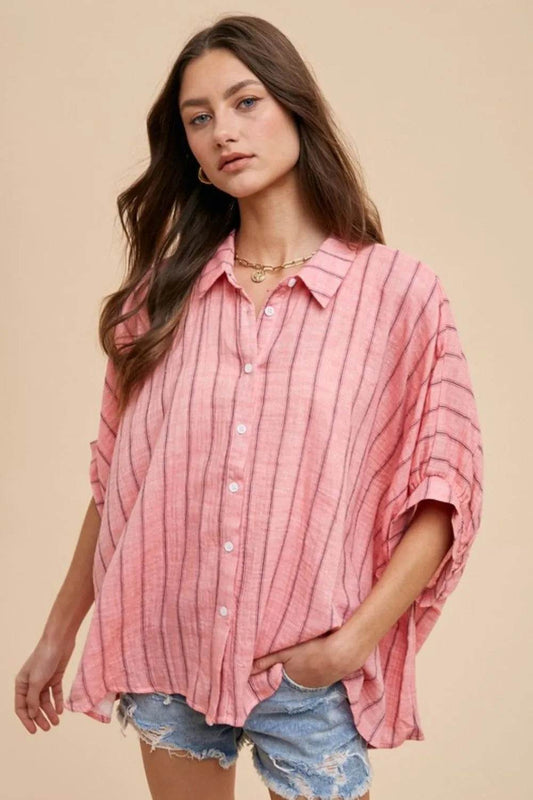Annie Wear Striped Button Up Half Sleeve Shirt Coral Pink Trendsi 2adfbf8e-adc9-41d1-8bb7-3295dfbfc992-Max