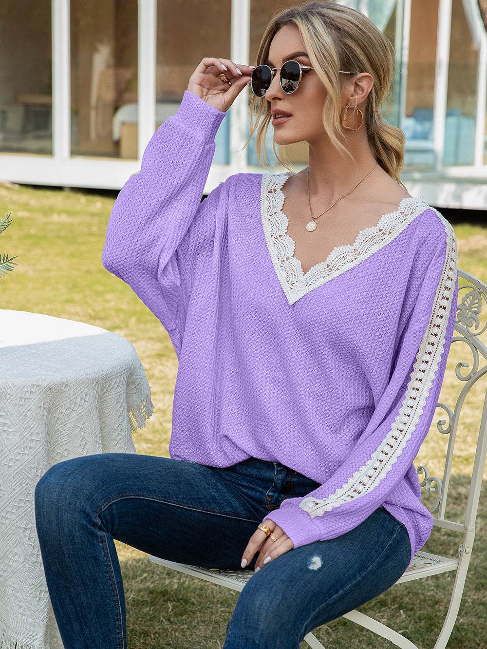 Ivy Lane Contrast Spliced Lace V-Neck Top Trendsi 2aef69588a6f4d86b55c65bc4bee6790-Max
