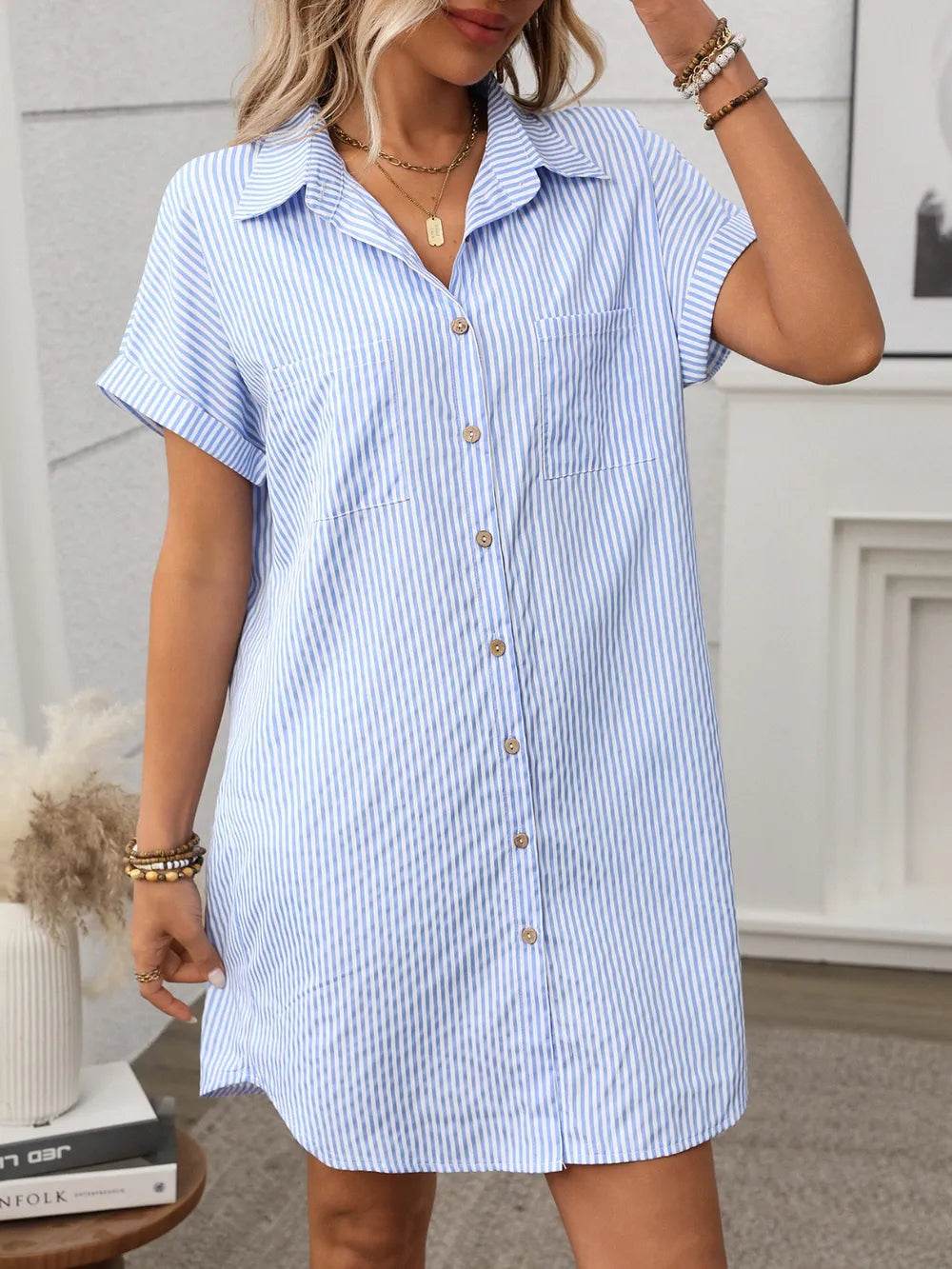 Striped Button Down Short Sleeve Mini Dress Trendsi 2b0cbd4b-27fd-4061-9614-a228fb452dba-Max