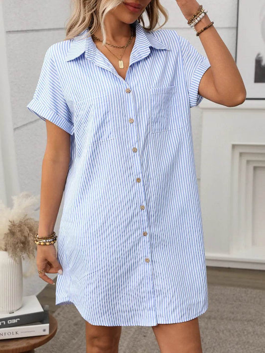 Striped Button Down Short Sleeve Mini Dress Trendsi 2b0cbd4b-27fd-4061-9614-a228fb452dba-Max