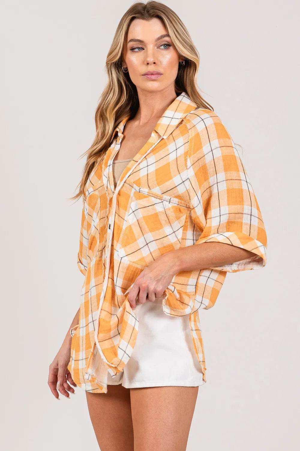 SAGE + FIG Plaid Button Up Side Slit Shirt Trendsi 2b707de4-ad89-420c-8419-f2c1d8ded3c3-Max