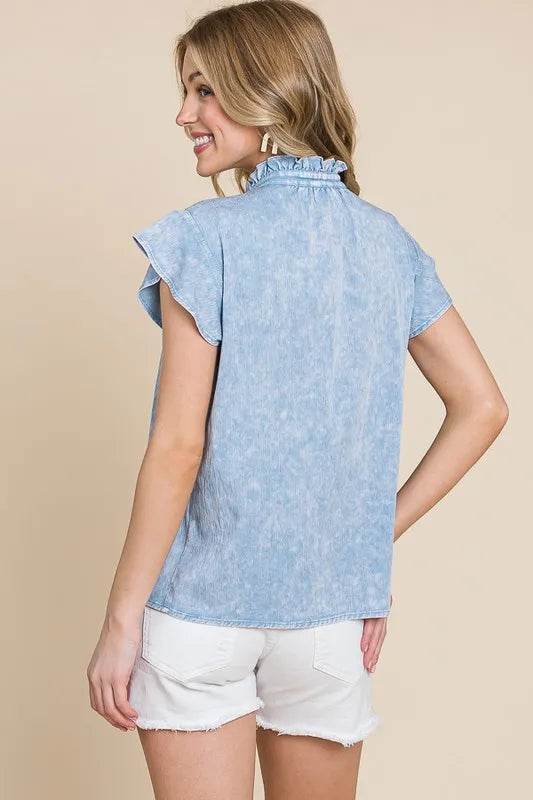 Lime 'N' Chili Mineral Wash Flutter Sleeve Button Down Shirt Trendsi 2b73b9c0-d043-4fc5-8a54-bfdc6f43a2d8-Max