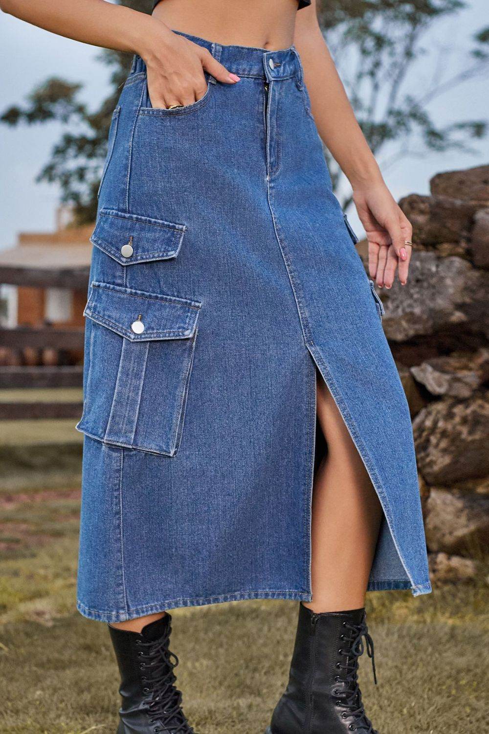 Slit Front Midi Denim Skirt with Pockets Trendsi 2b8753bdae7c443b9f849fd201fa0af0-Max