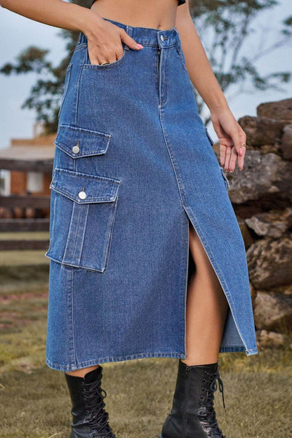 Slit Front Midi Denim Skirt with Pockets Trendsi 2b8753bdae7c443b9f849fd201fa0af0-Max