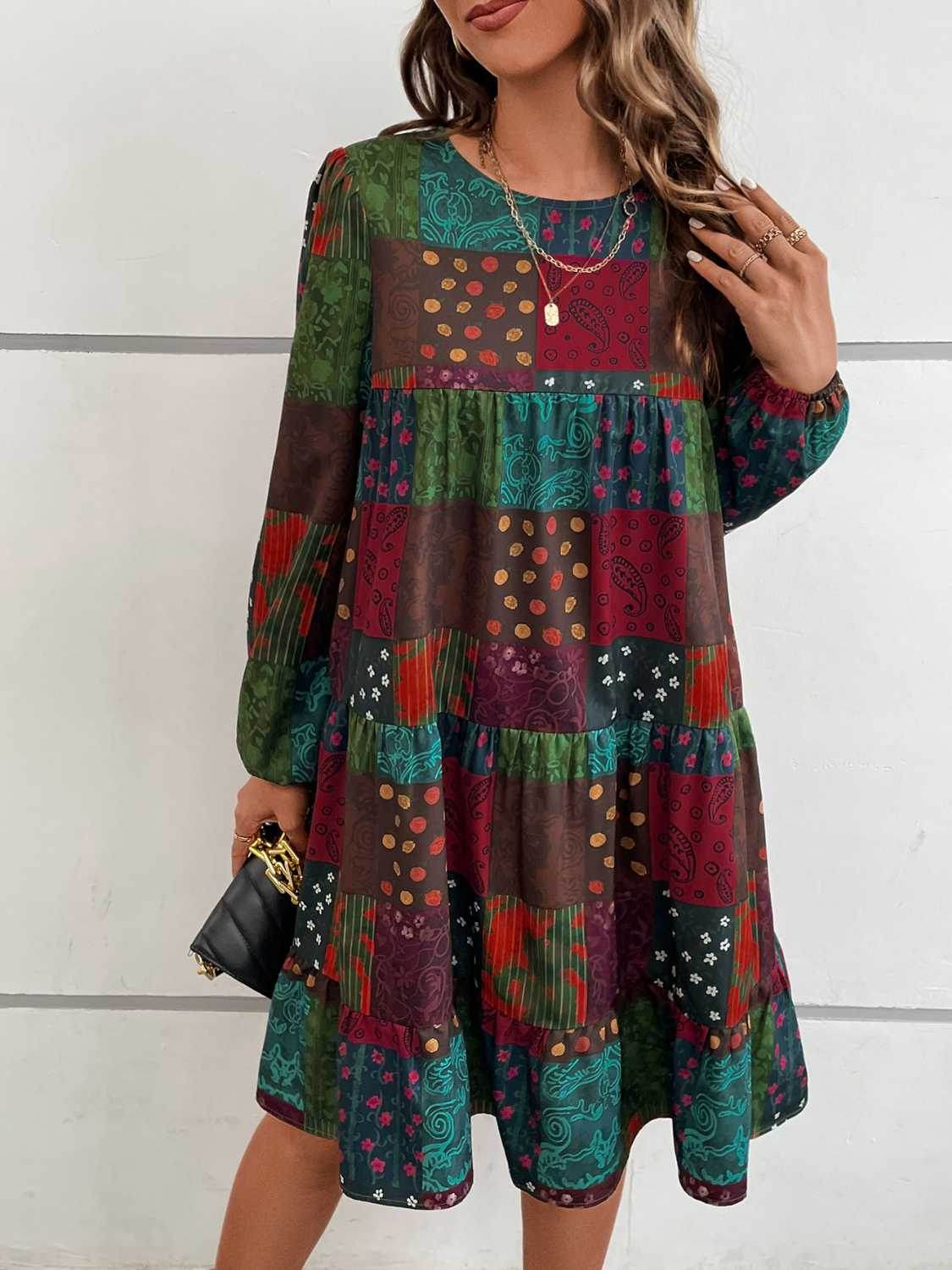 Patchwork Round Neck Long Sleeve Dress Trendsi 2b90d0b67bdc43f28a4b8b3e116e6905-Max