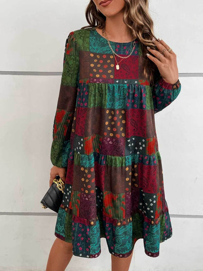 Patchwork Round Neck Long Sleeve Dress Trendsi 2b90d0b67bdc43f28a4b8b3e116e6905-Max