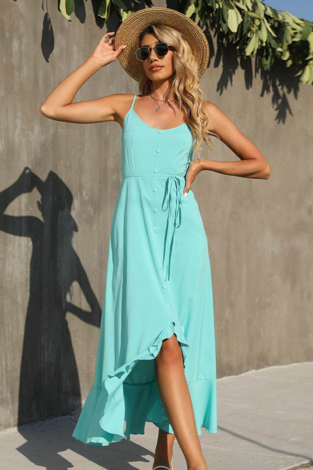 Shiny Decorative Button Spaghetti Strap Ruffle Hem Dress Trendsi 2ba3d9d4235f437c80474302a170c845-Max