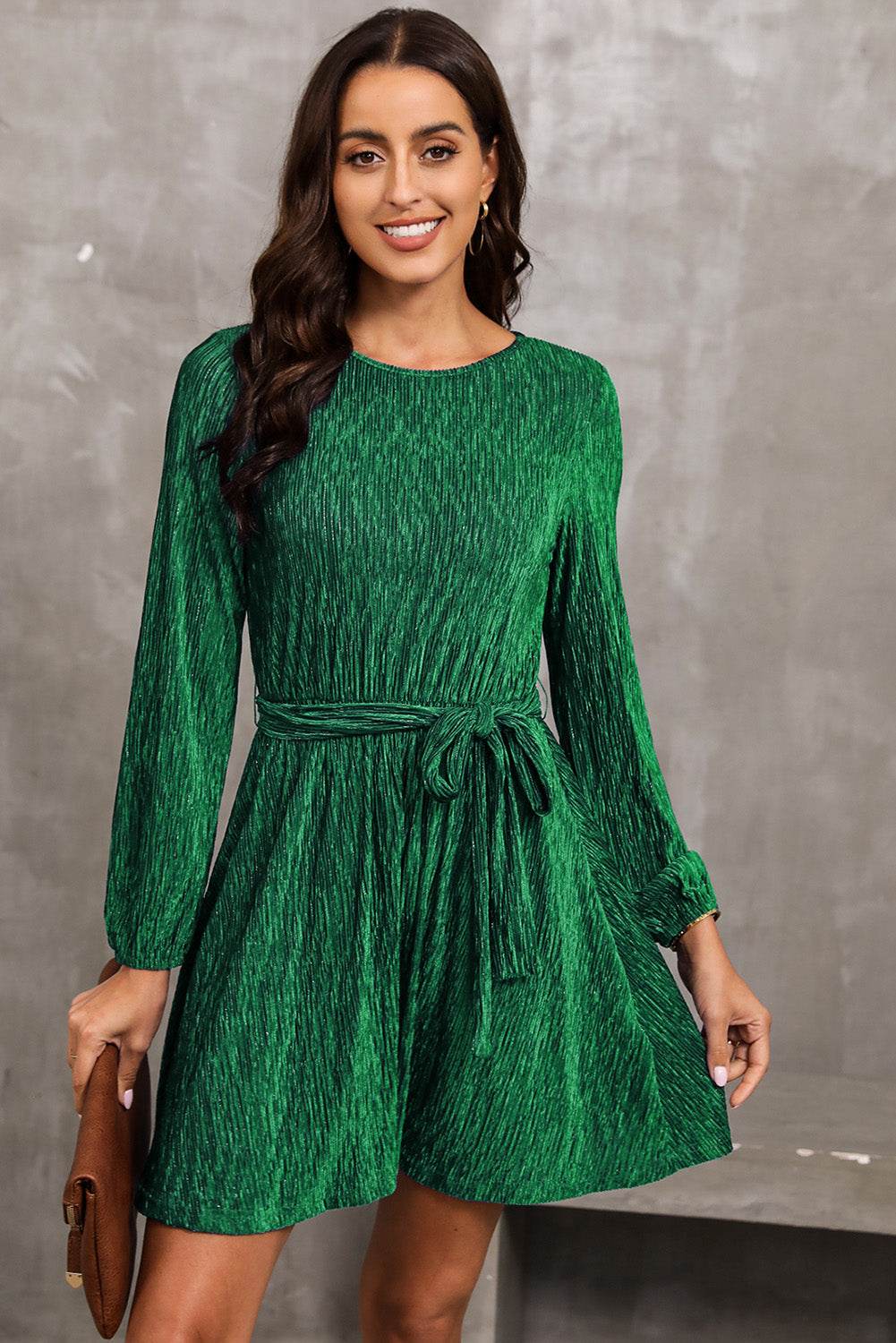Round Neck Tie Front Long Sleeve Dress Green Trendsi 2bb58212fda24e5599f374ffd82b3d04-Max