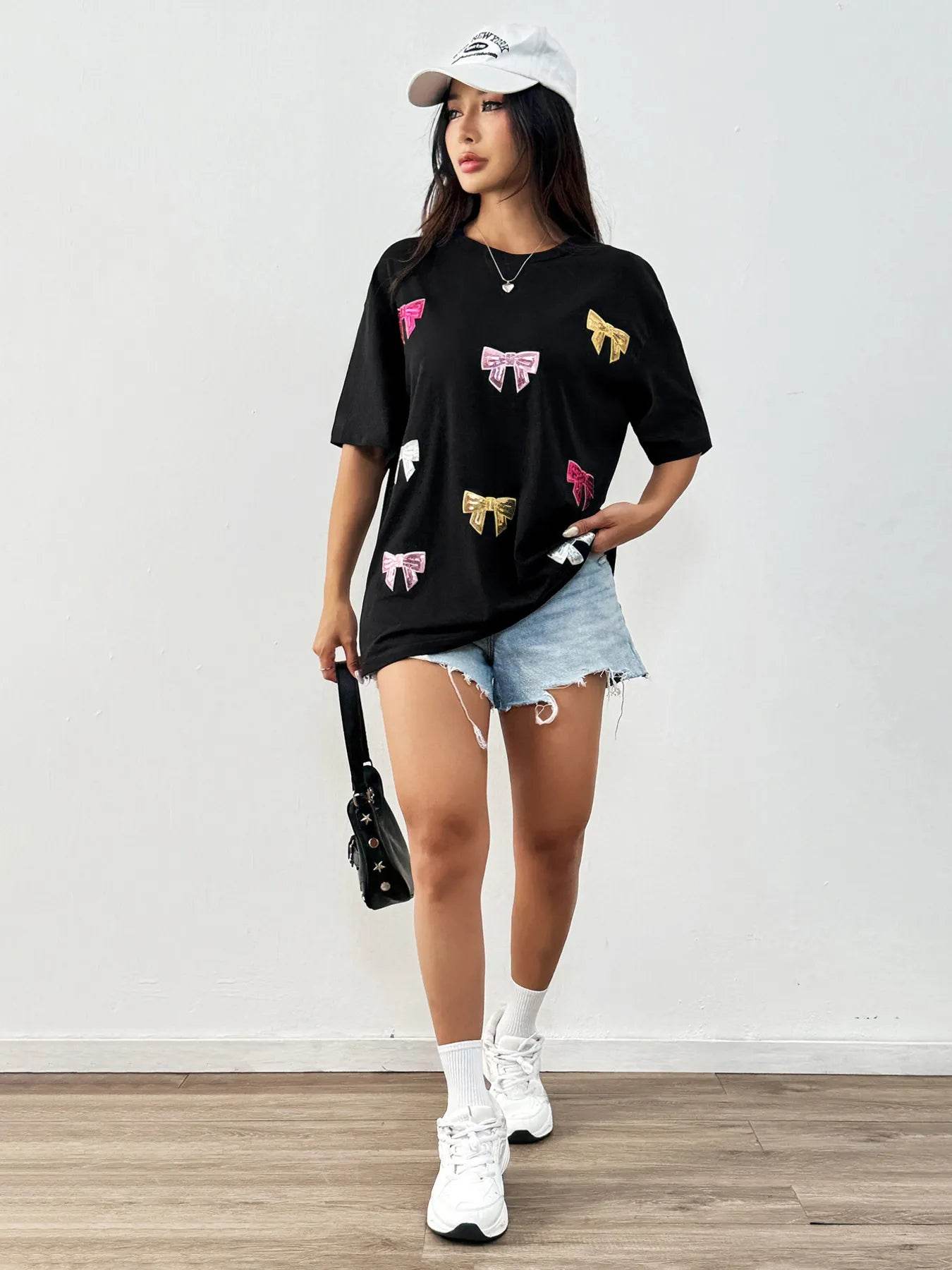 Sequin Bow Round Neck Short Sleeve T-Shirt Trendsi 2bc473de279e44a1b6f32ceefe27d074-Max-Origin