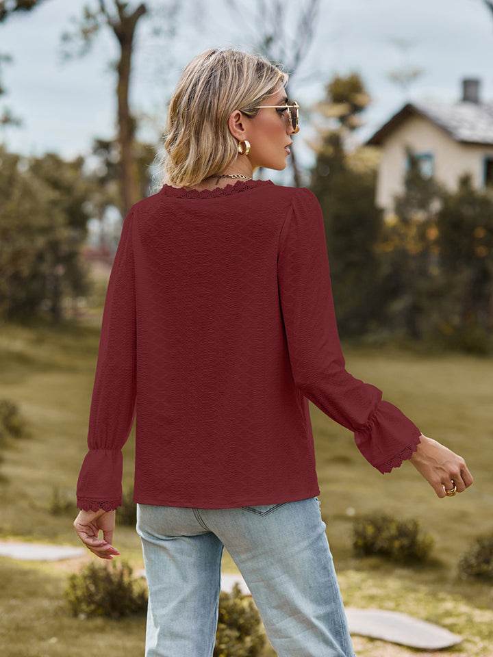 V-Neck Flounce Sleeve Blouse Trendsi 2be0d5dc5bd144f78139a1fb323dbaf7-Max