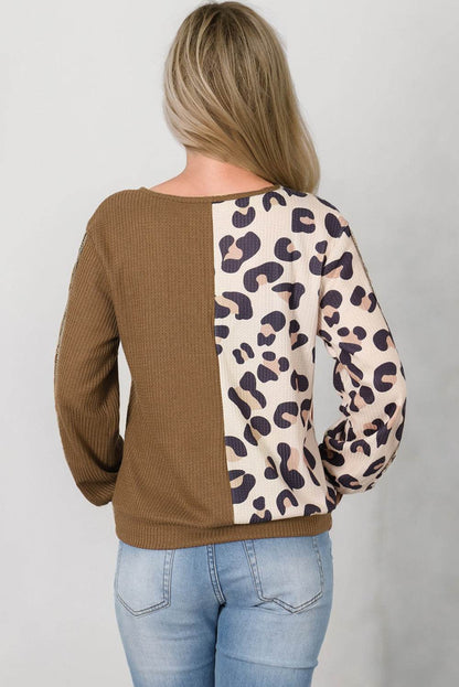 Leopard V-Neck Waffle-Knit Top Trendsi 2bf4498412c347b39e2c93e60b1cca7d-Max