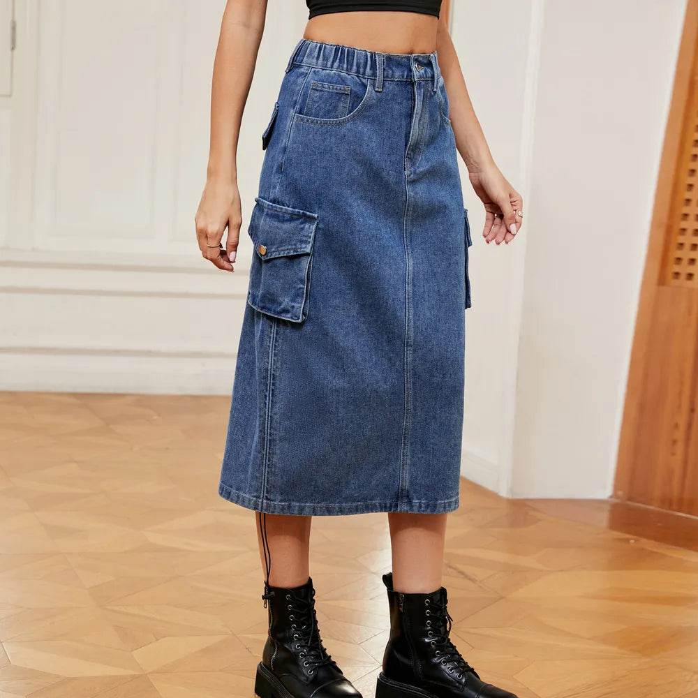Drawstring Ruched Slit Denim Midi Skirt Trendsi 2c0a29f0-0b41-4ccc-bddb-ff7035f2ad0e-Max