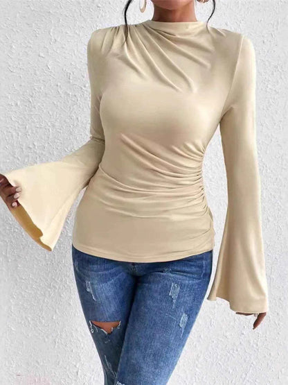 Bell Sleeve Ruched Fitted T-Shirt with Mock Neck Beige Trendsi 2c11232916a94f758204df3f4e0bcf3b-Max-Origin