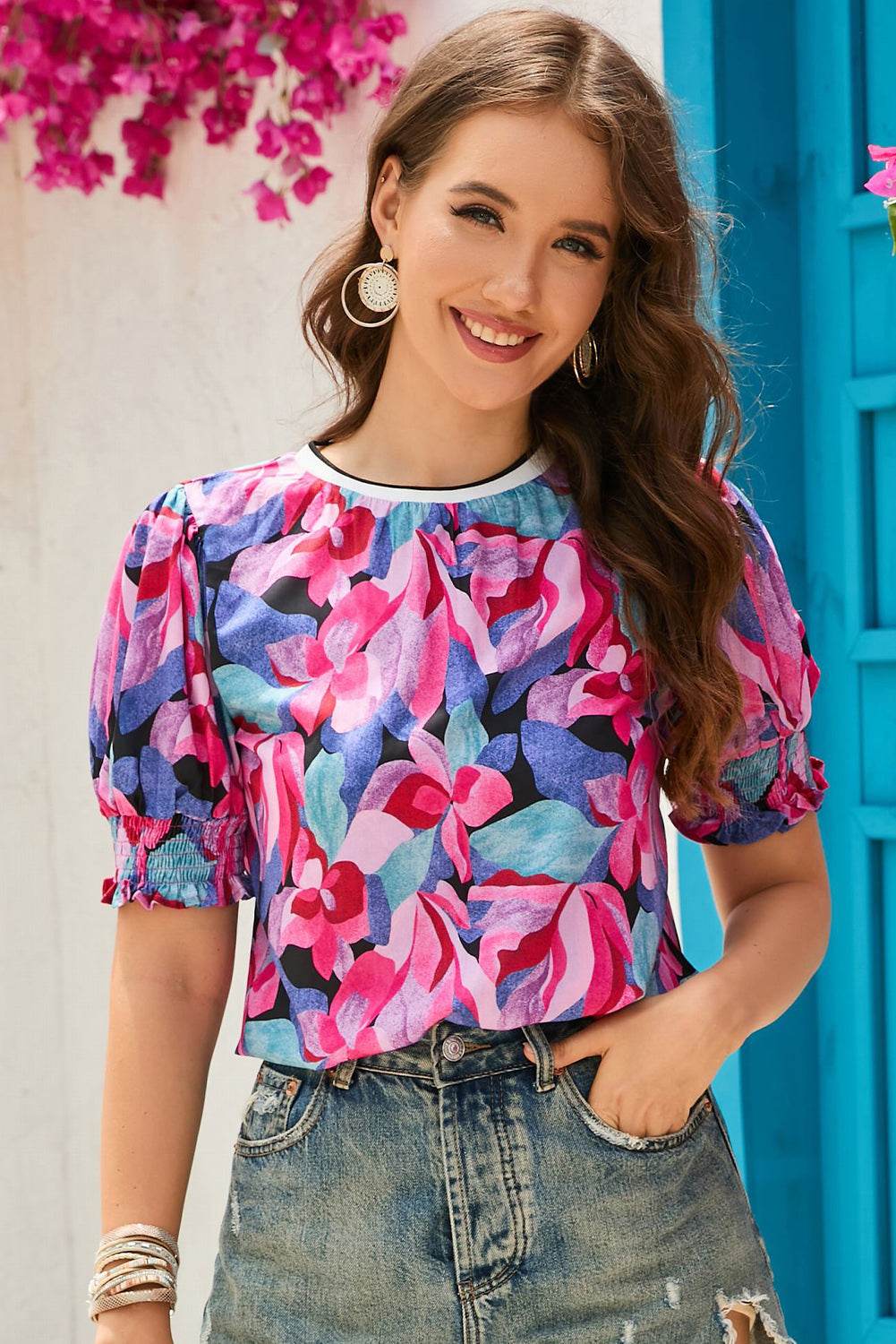 Floral Round Neck Puff Sleeve Top Trendsi 2c1def72aeea4f86824c093757e876e7-Max