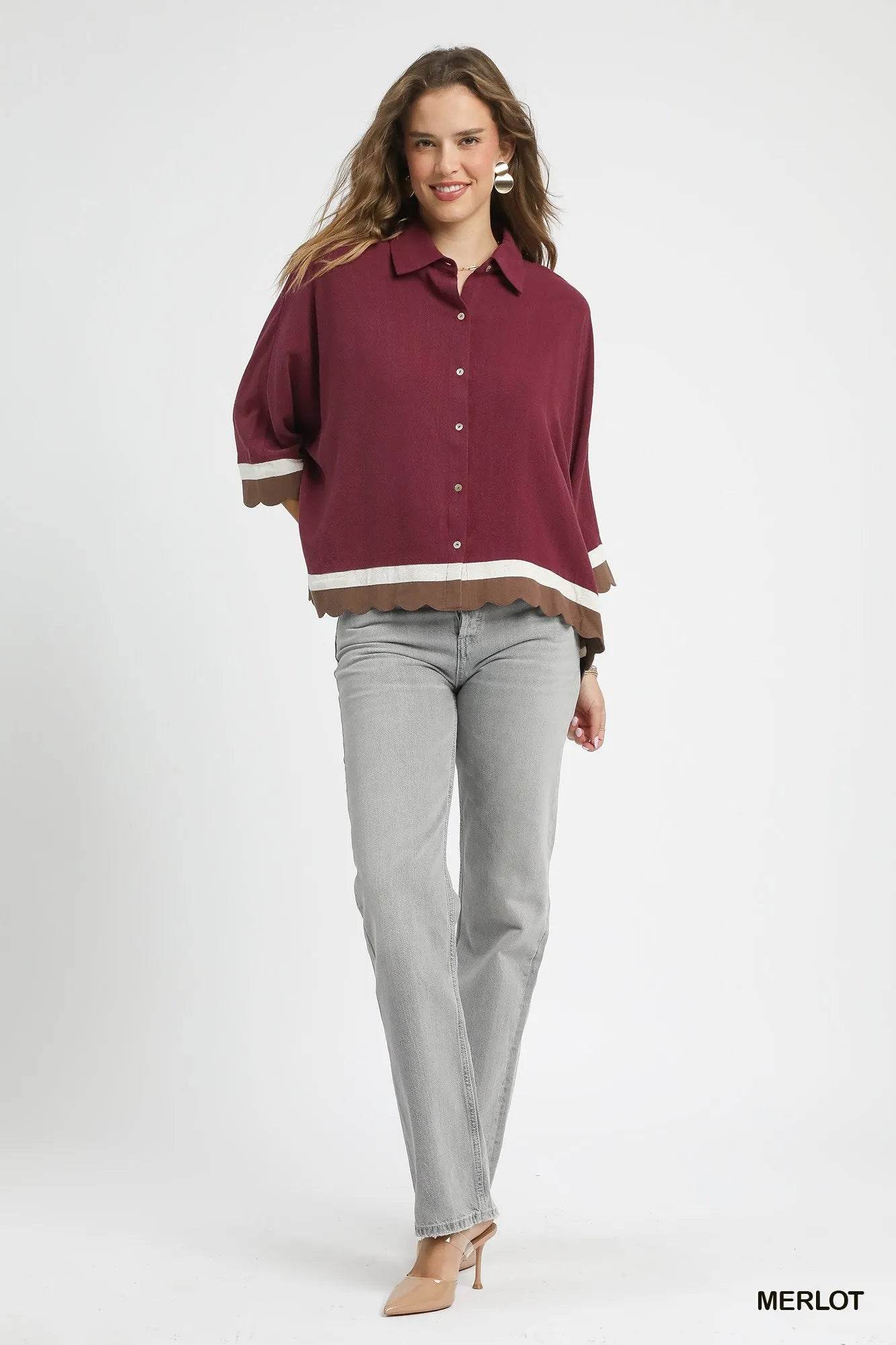 Umgee Colorblock Button-Down Shirt with Scallop Hem Trendsi 2c2626a4-2278-4a5a-86b1-ec07ad5fa724-Max-Origin