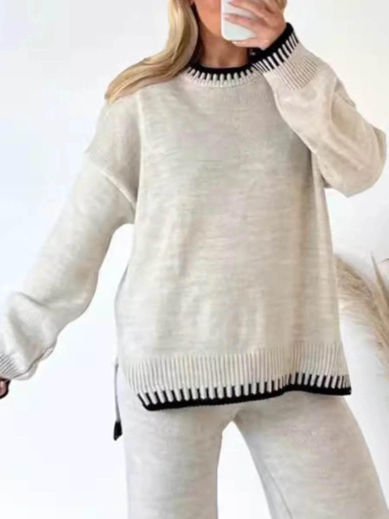 Contrast Trim Round Neck Top and Pants Sweater Set Off-white Trendsi 2c3839c5-5a77-40cc-8fc4-017635fdd611-Max-Origin