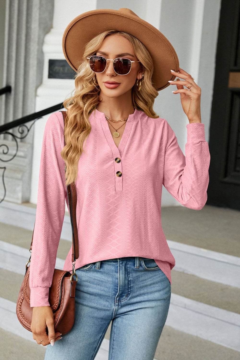 Notched Neck Long Sleeve Buttoned Blouse Trendsi 2c488cfcabc5499db725fe67f635f0e7-Max