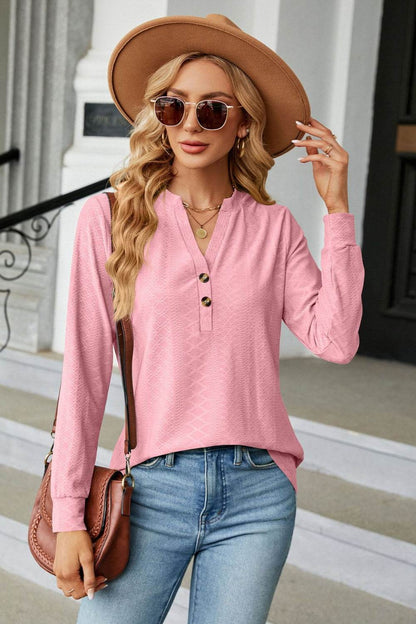 Notched Neck Long Sleeve Buttoned Blouse Trendsi 2c488cfcabc5499db725fe67f635f0e7-Max
