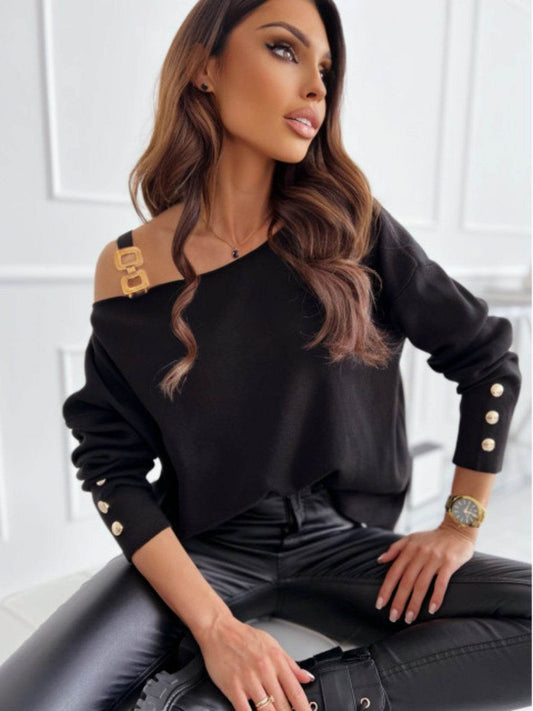 Asymmetrical Neck Buttoned Top Black Trendsi 2c5280aa3505460f9ee92cb92de3d7ba-Max