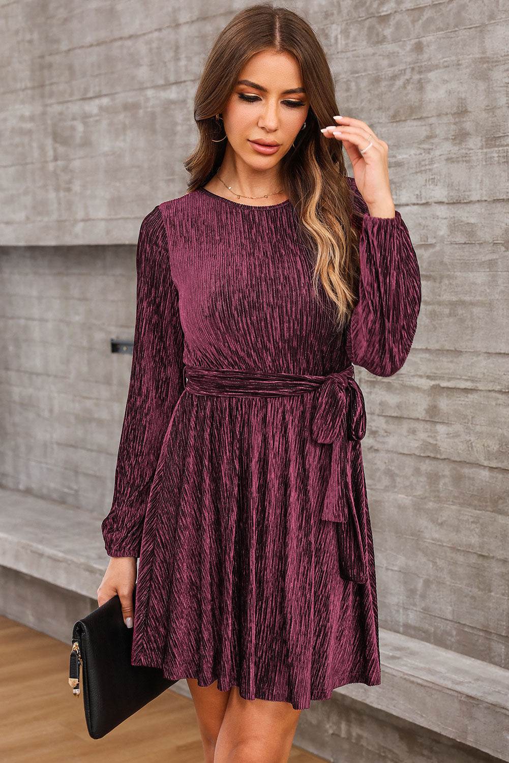 Round Neck Tie Front Long Sleeve Dress Trendsi 2c5443e802c244229fcf99bec4b37c53-Max