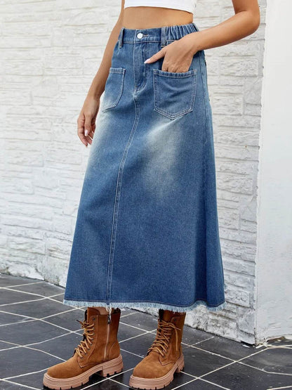 Raw Hem Buttoned Denim Skirt with Pockets Trendsi 2c5e9177-0fd0-47a1-8392-b86c690d2cd1-Max