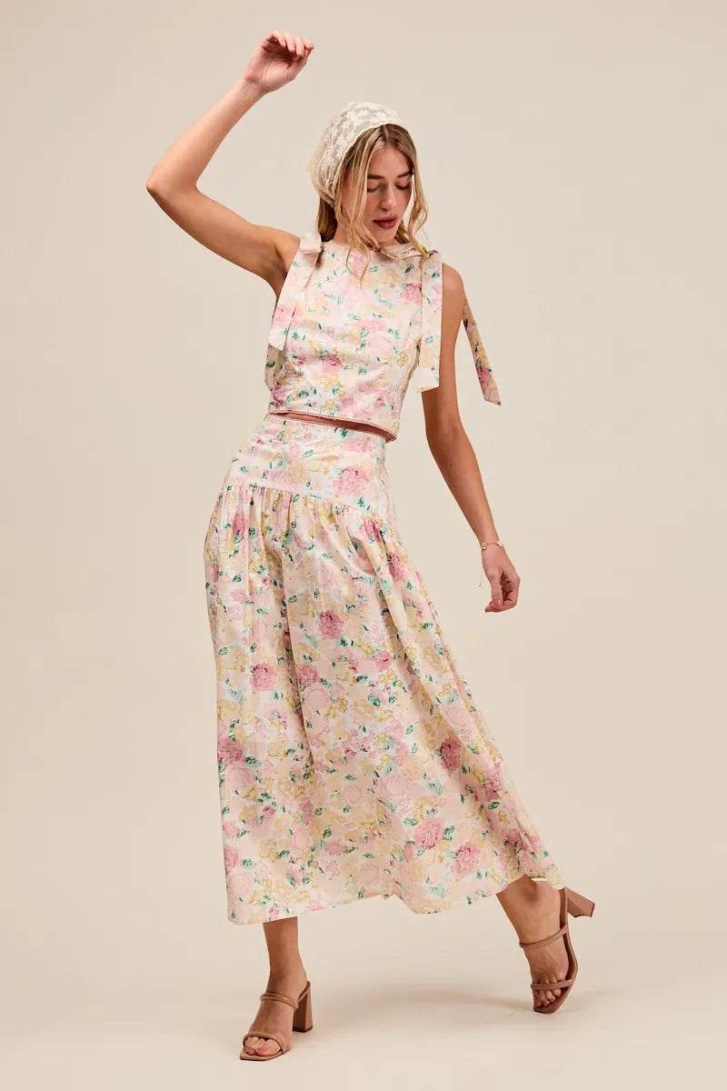 SO ME Floral Printed Woven Shoulder Bow Tie Top and Skirt Set Trendsi 2c78ec30bbf94597a842c893764ea898-Max-Origin